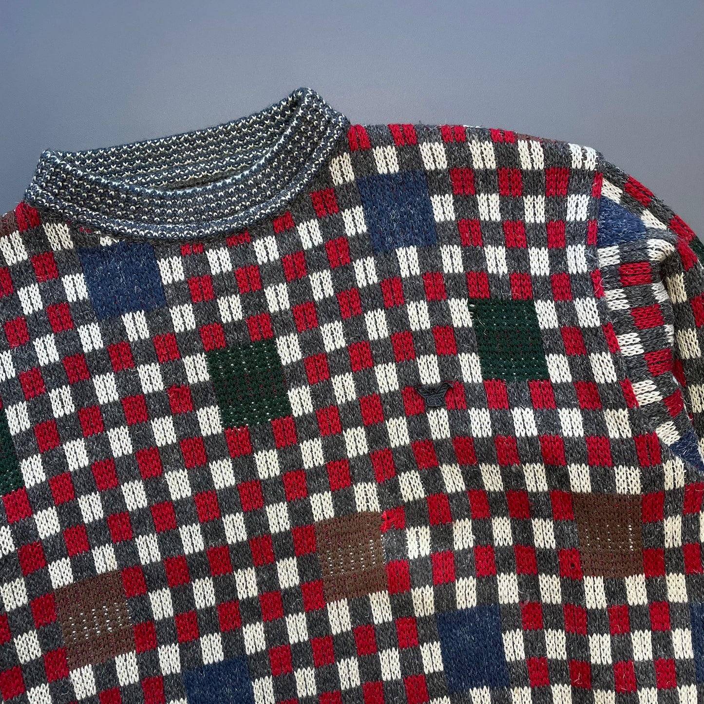 Armani Red 80s Check & Patchwork Knit Jumper