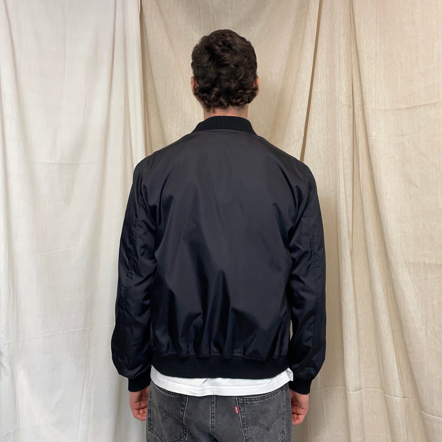 Prada Mainline Black 2015 Nylon & Wool Plaque Bomber Jacket