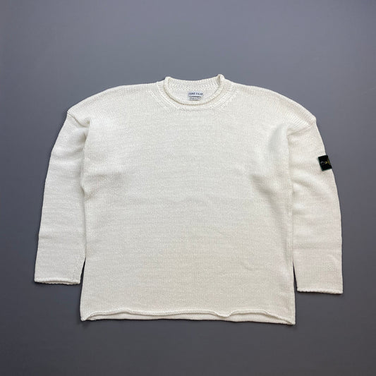 Stone Island Cream White SS95 Chunky Raw-Edge Heavyweight Green Edge Badge Knit Jumper
