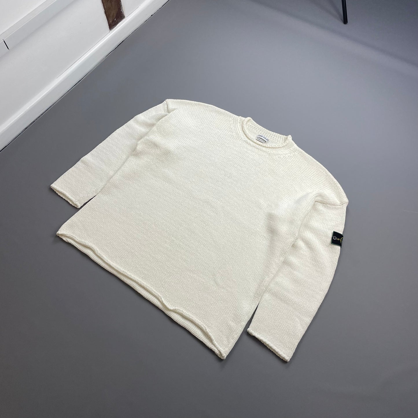 Stone Island Cream White SS95 Chunky Raw-Edge Heavyweight Green Edge Badge Knit Jumper