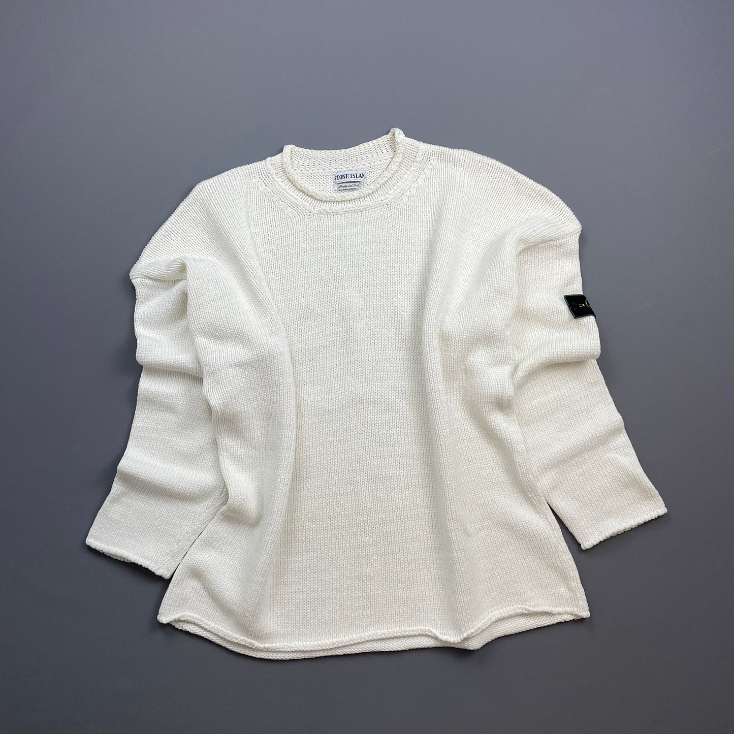 Stone Island Cream White SS95 Chunky Raw-Edge Heavyweight Green Edge Badge Knit Jumper
