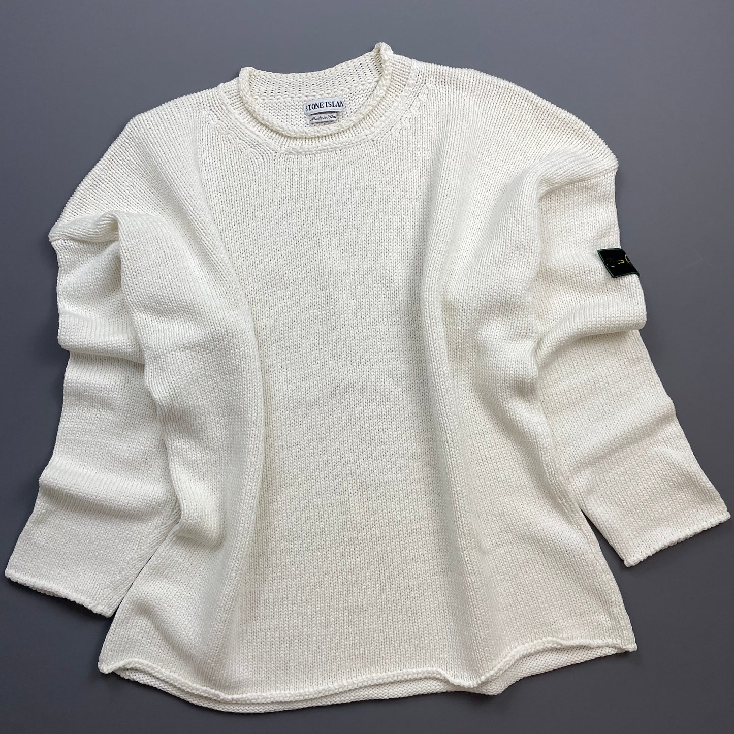 Stone Island Cream White SS95 Chunky Raw-Edge Heavyweight Green Edge Badge Knit Jumper