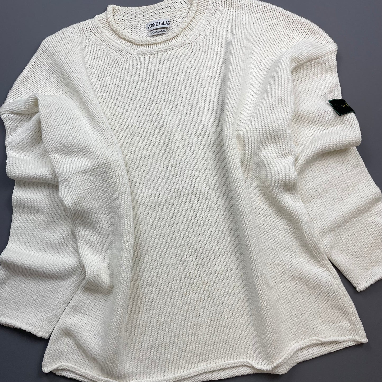 Stone Island Cream White SS95 Chunky Raw-Edge Heavyweight Green Edge Badge Knit Jumper