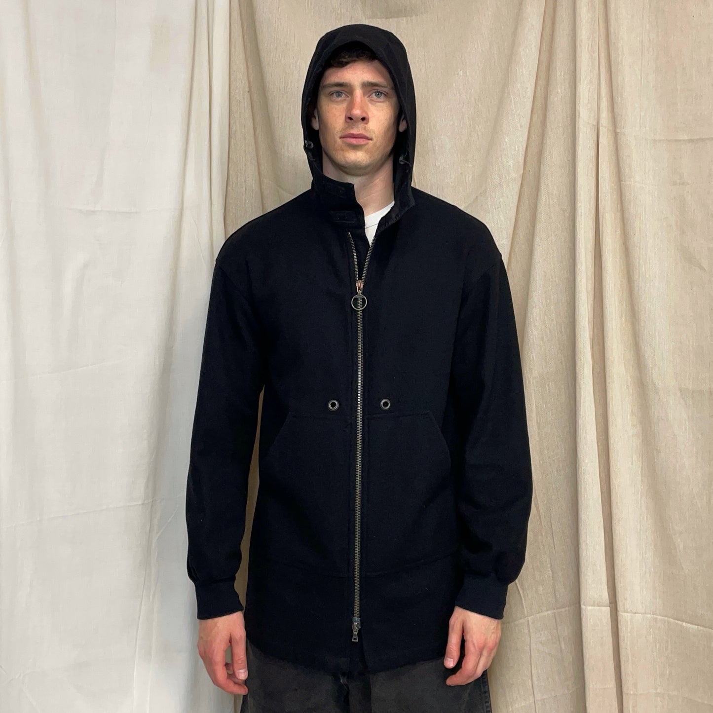 Prada Sport Black 00s Longline Nylon-Lined Wool Hooded Parka Coat