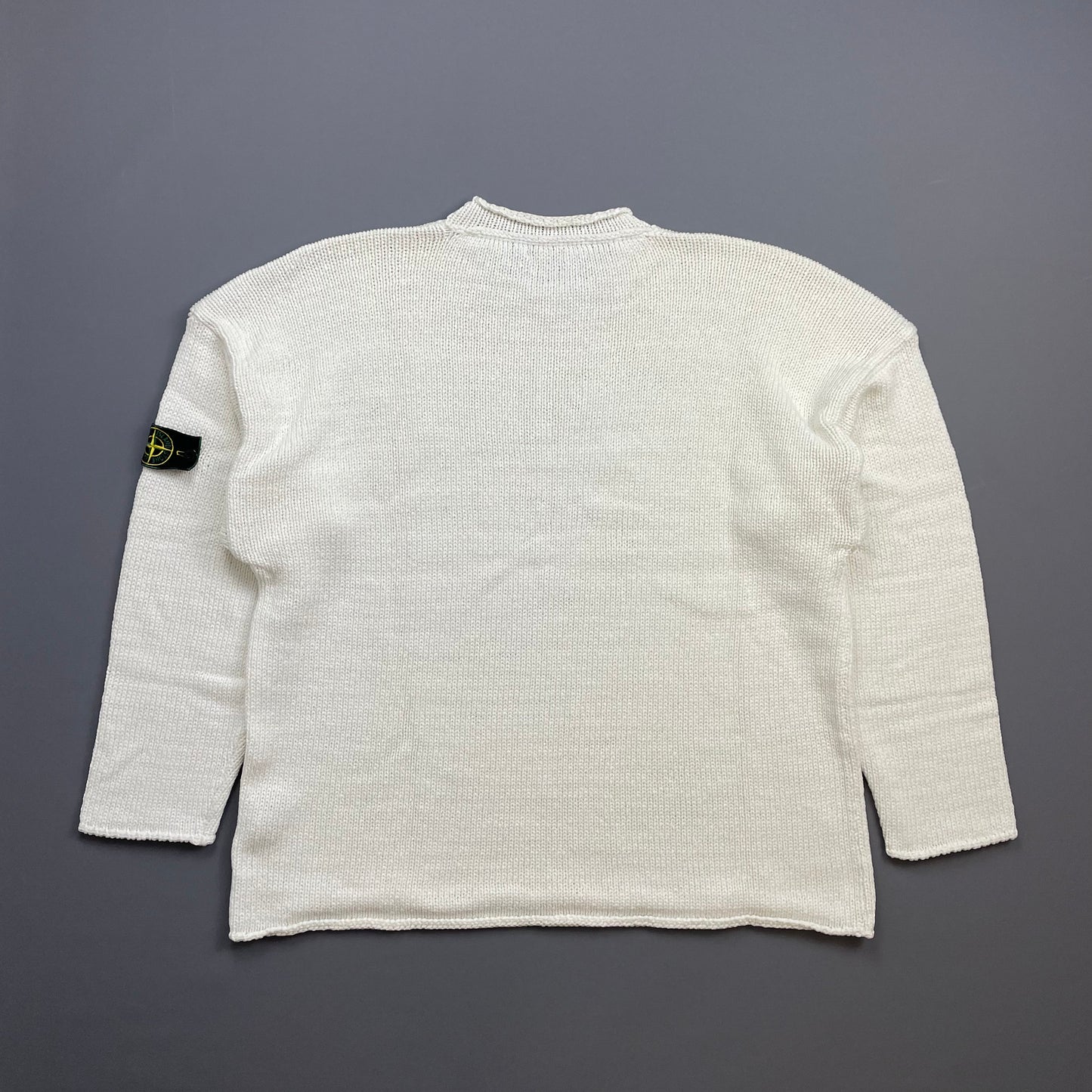 Stone Island Cream White SS95 Chunky Raw-Edge Heavyweight Green Edge Badge Knit Jumper