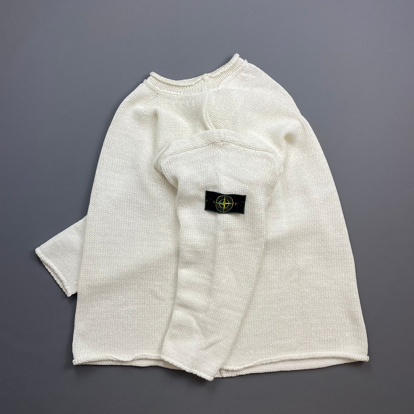 Stone Island Cream White SS95 Chunky Raw-Edge Heavyweight Green Edge Badge Knit Jumper