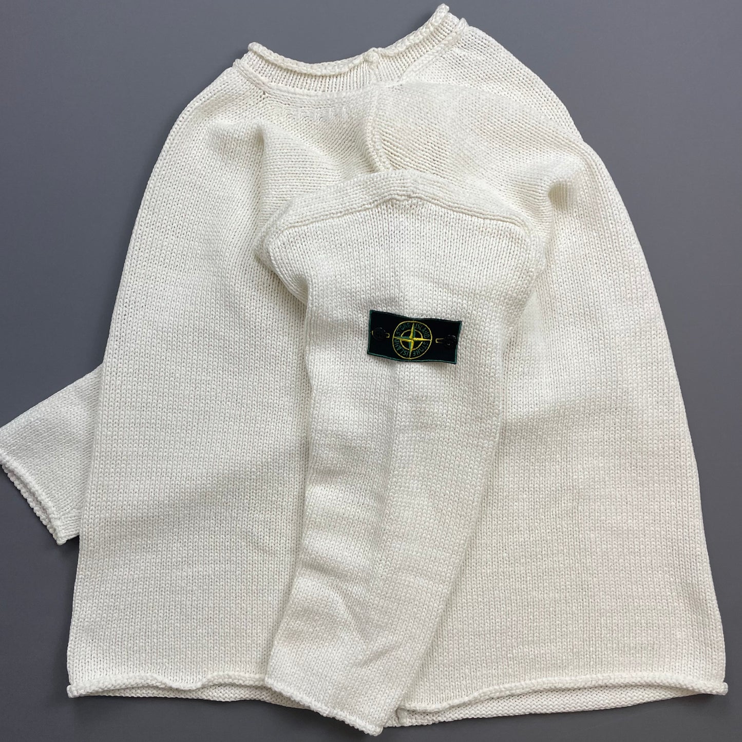Stone Island Cream White SS95 Chunky Raw-Edge Heavyweight Green Edge Badge Knit Jumper