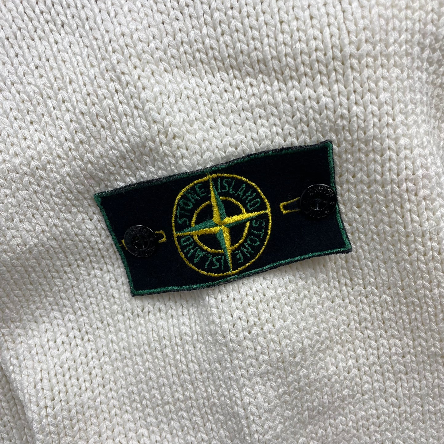 Stone Island Cream White SS95 Chunky Raw-Edge Heavyweight Green Edge Badge Knit Jumper