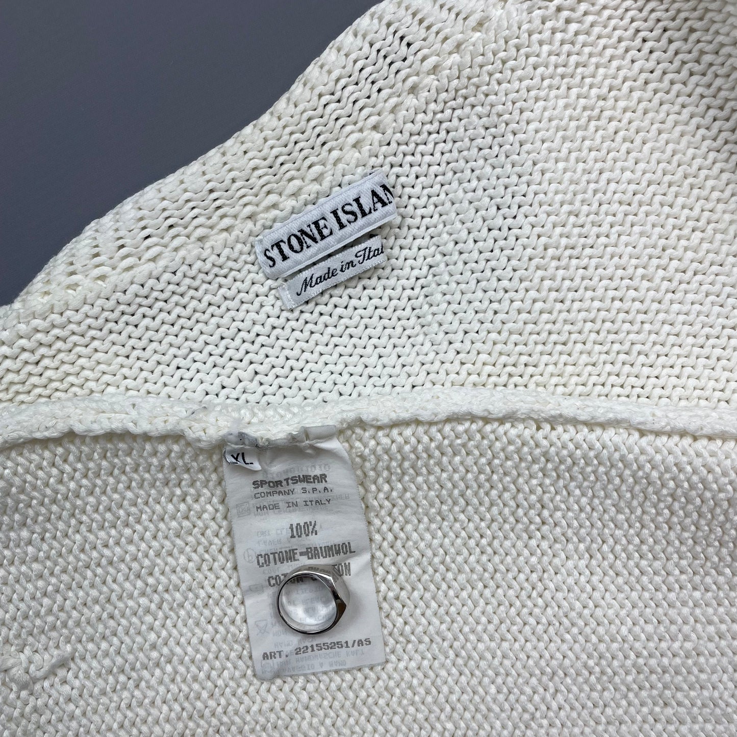 Stone Island Cream White SS95 Chunky Raw-Edge Heavyweight Green Edge Badge Knit Jumper