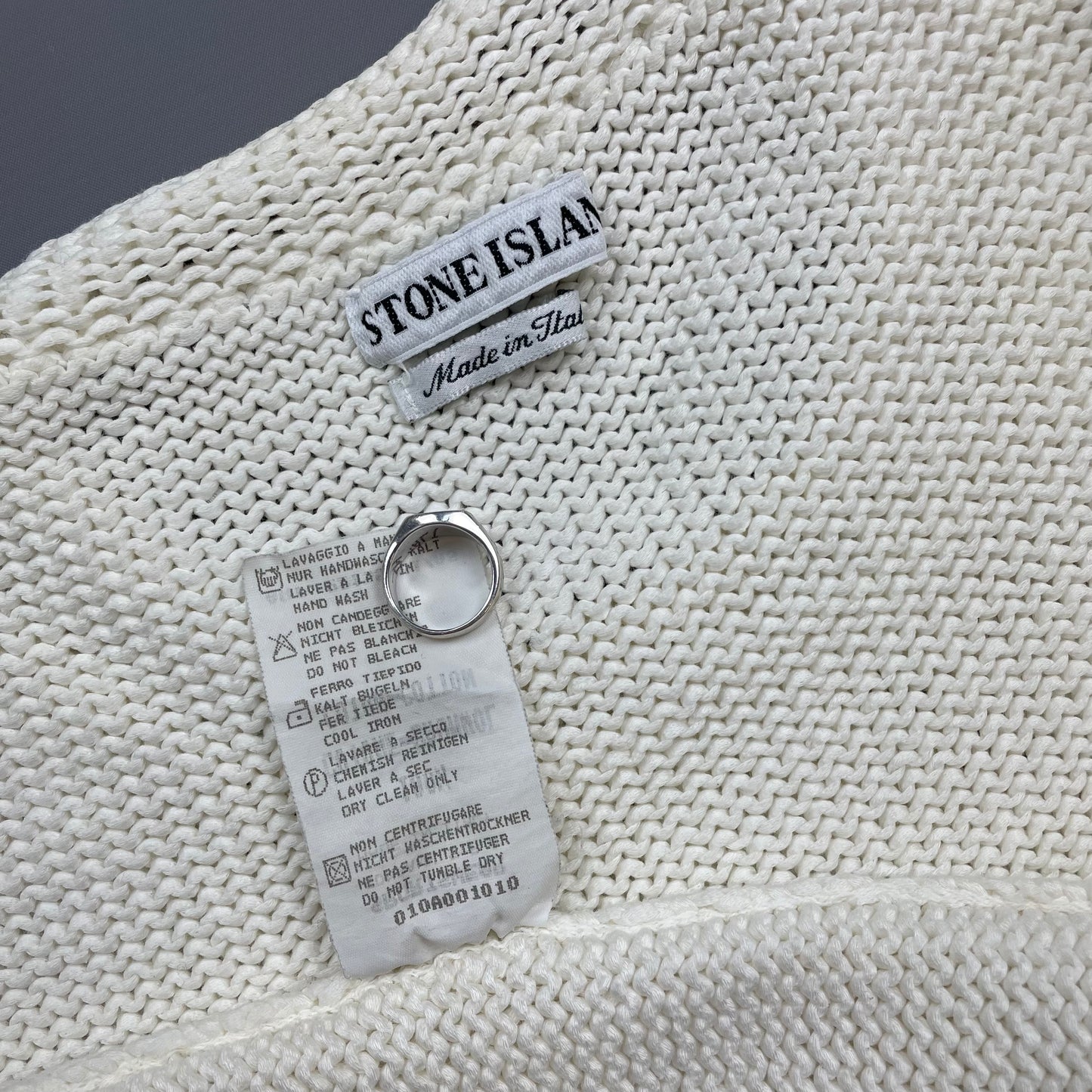 Stone Island Cream White SS95 Chunky Raw-Edge Heavyweight Green Edge Badge Knit Jumper