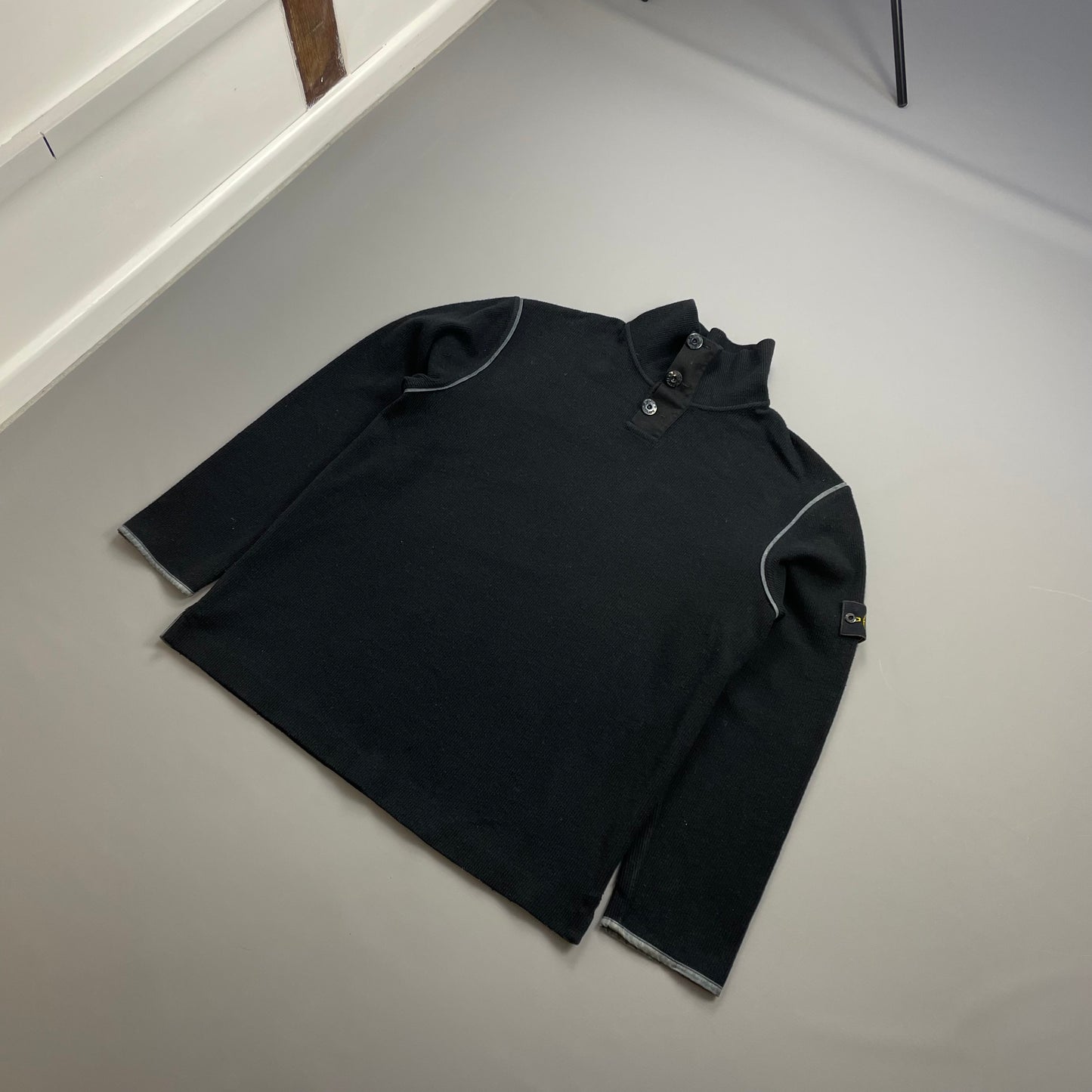 Stone Island Black AW02 Fine-Rib Grey Accent Button Collar Wool Knit Jumper