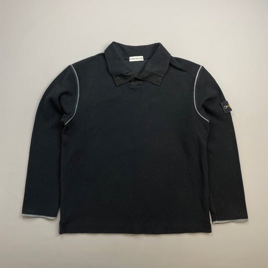 Stone Island Black AW02 Fine-Rib Grey Accent Button Collar Wool Knit Jumper