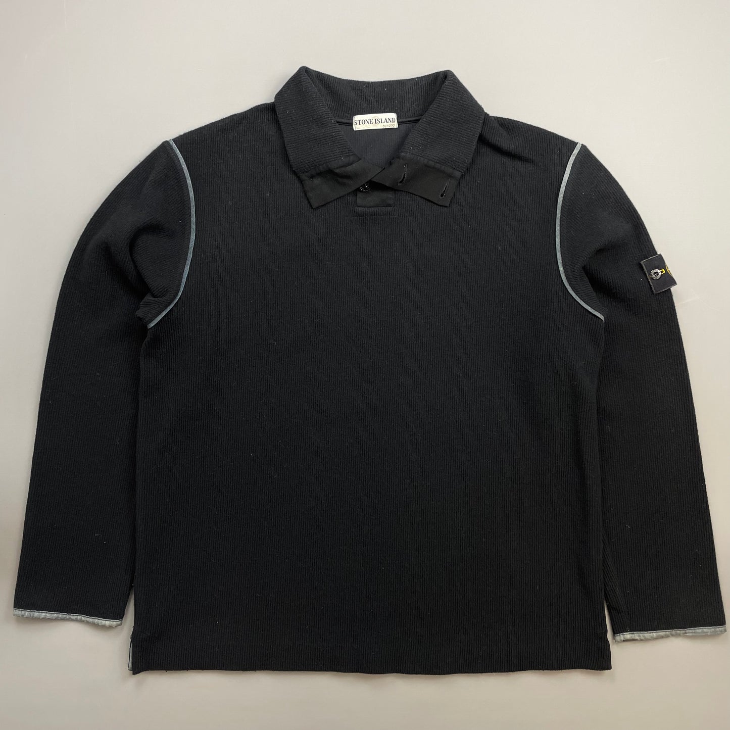 Stone Island Black AW02 Fine-Rib Grey Accent Button Collar Wool Knit Jumper