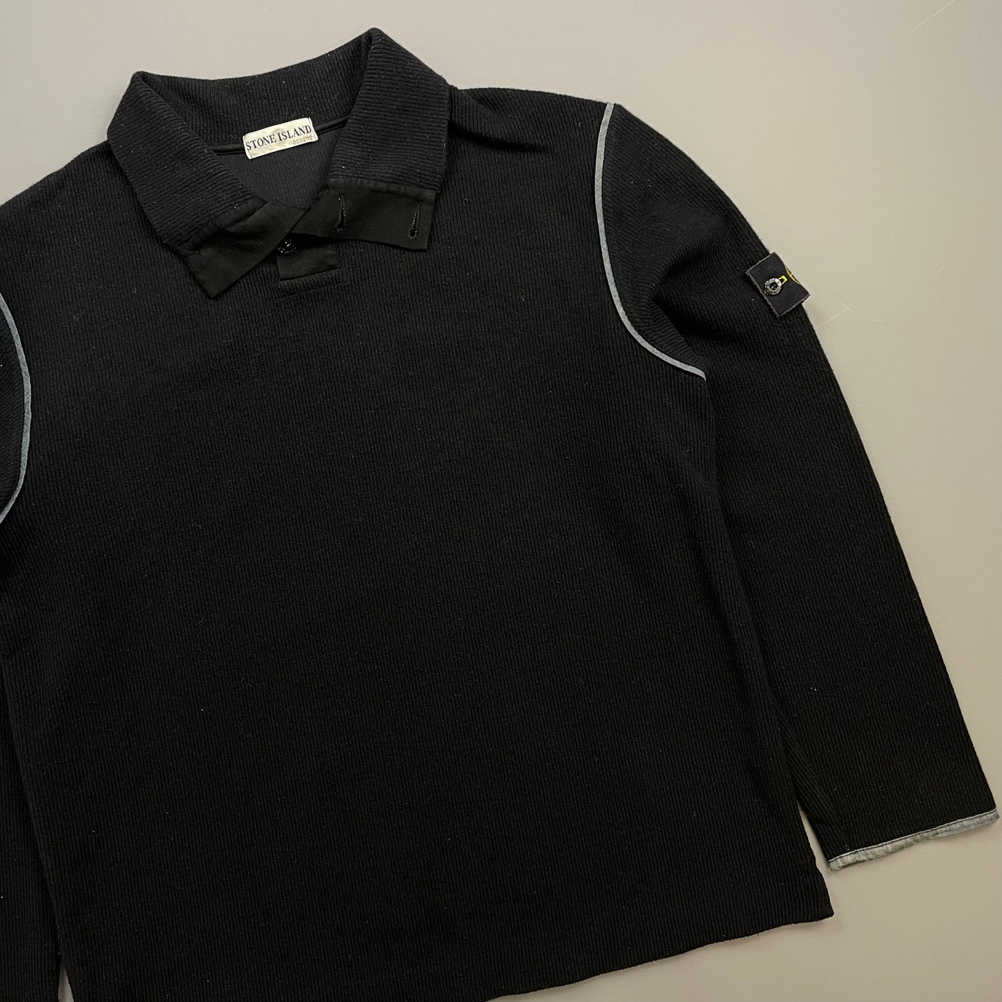Stone Island Black AW02 Fine-Rib Grey Accent Button Collar Wool Knit Jumper