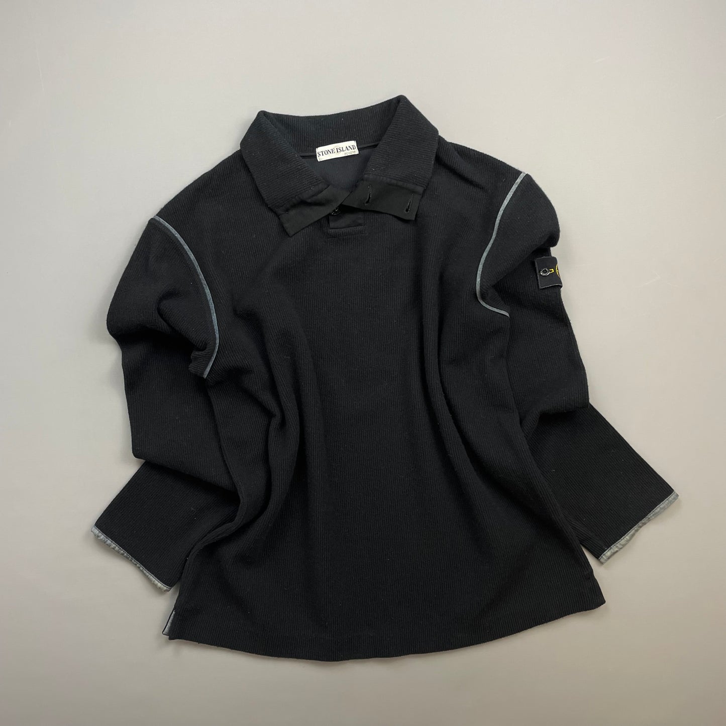 Stone Island Black AW02 Fine-Rib Grey Accent Button Collar Wool Knit Jumper