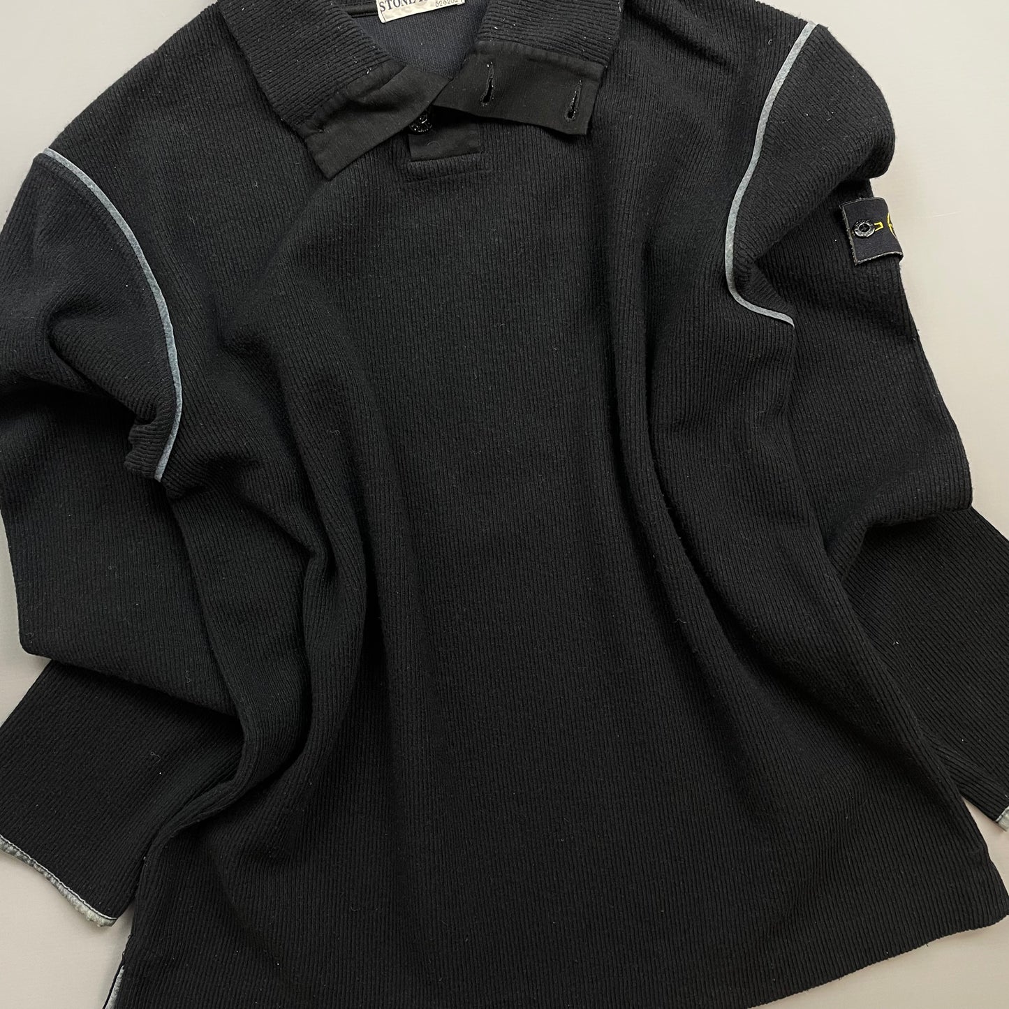 Stone Island Black AW02 Fine-Rib Grey Accent Button Collar Wool Knit Jumper