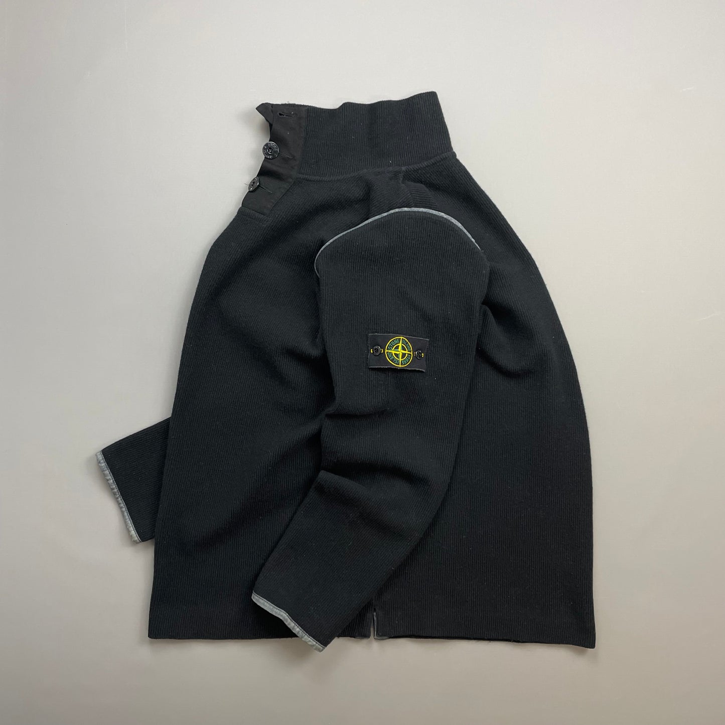 Stone Island Black AW02 Fine-Rib Grey Accent Button Collar Wool Knit Jumper