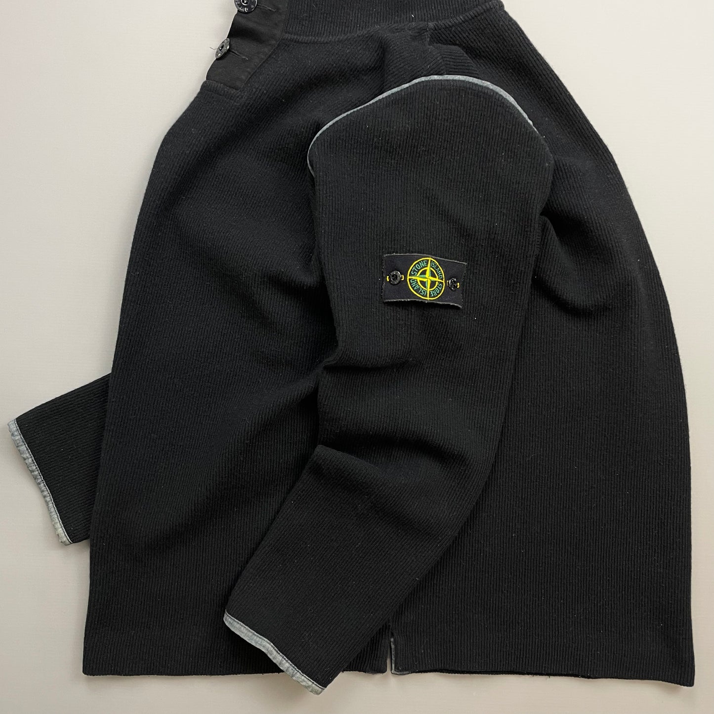 Stone Island Black AW02 Fine-Rib Grey Accent Button Collar Wool Knit Jumper