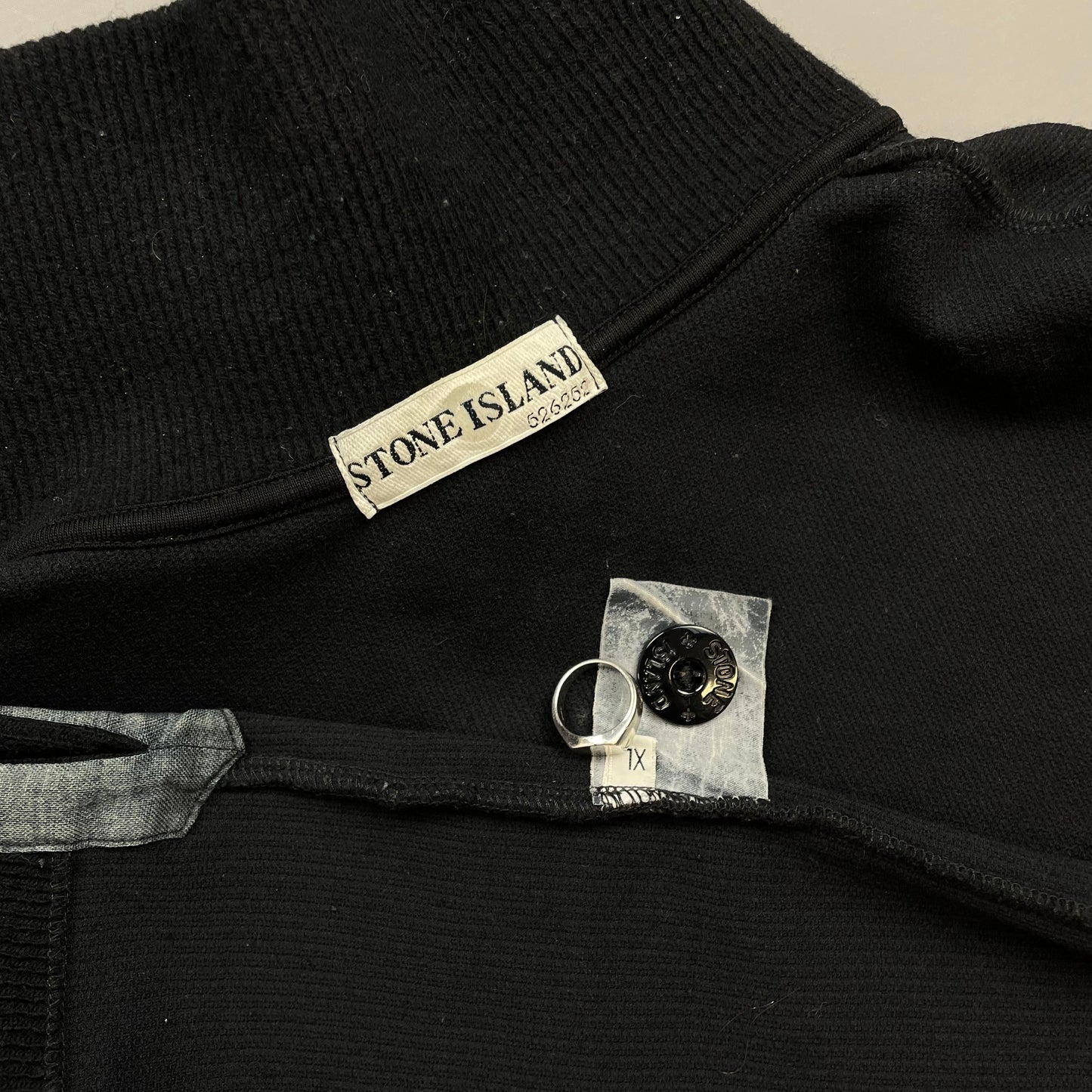 Stone Island Black AW02 Fine-Rib Grey Accent Button Collar Wool Knit Jumper