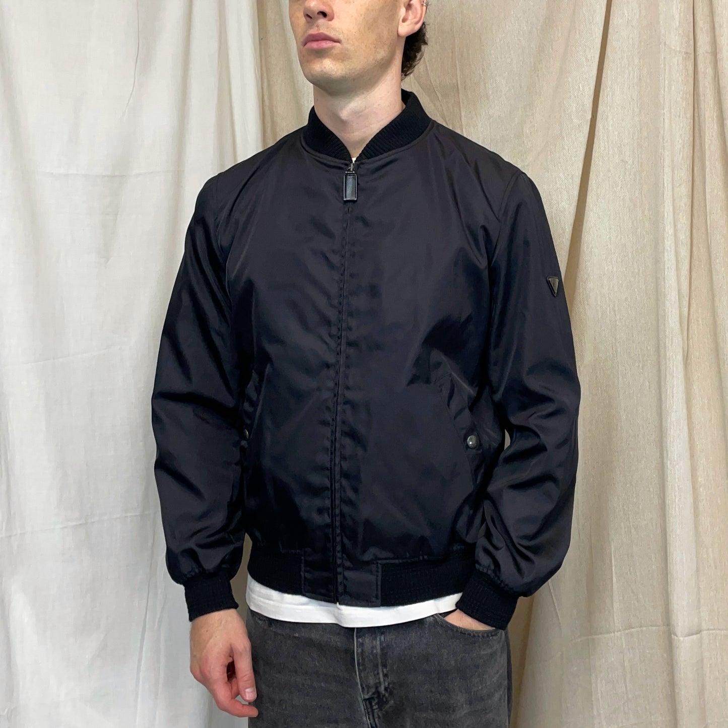 Prada Mainline Black 2015 Nylon & Wool Plaque Bomber Jacket