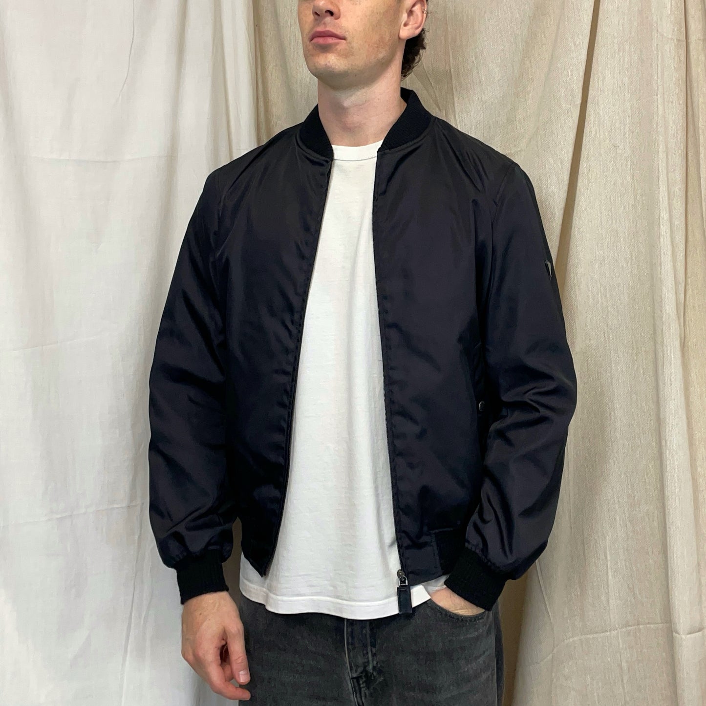 Prada Mainline Black 2015 Nylon & Wool Plaque Bomber Jacket