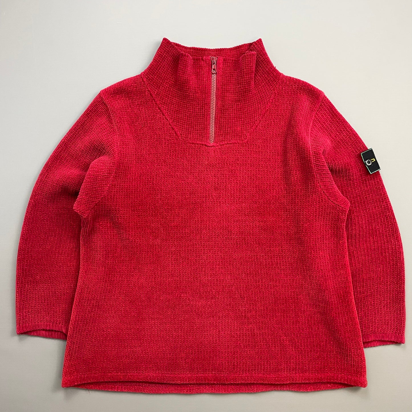 Stone Island Red 90s Chenille Knit Half-Zip Green Edge Badge Jumper