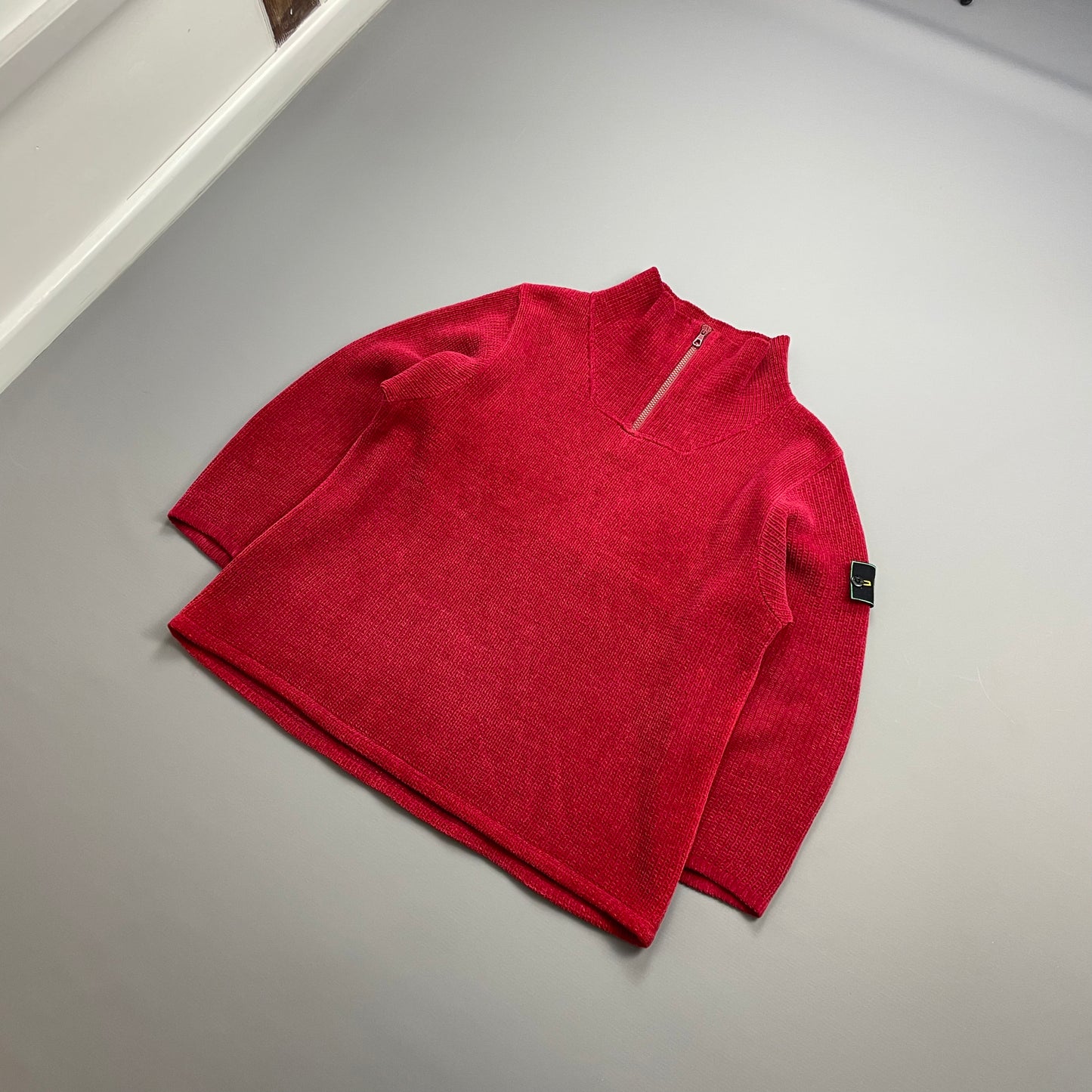 Stone Island Red 90s Chenille Knit Half-Zip Green Edge Badge Jumper