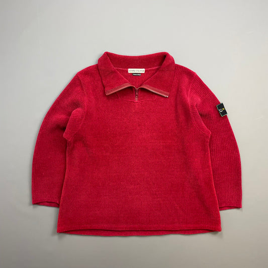 Stone Island Red 90s Chenille Knit Half-Zip Green Edge Badge Jumper