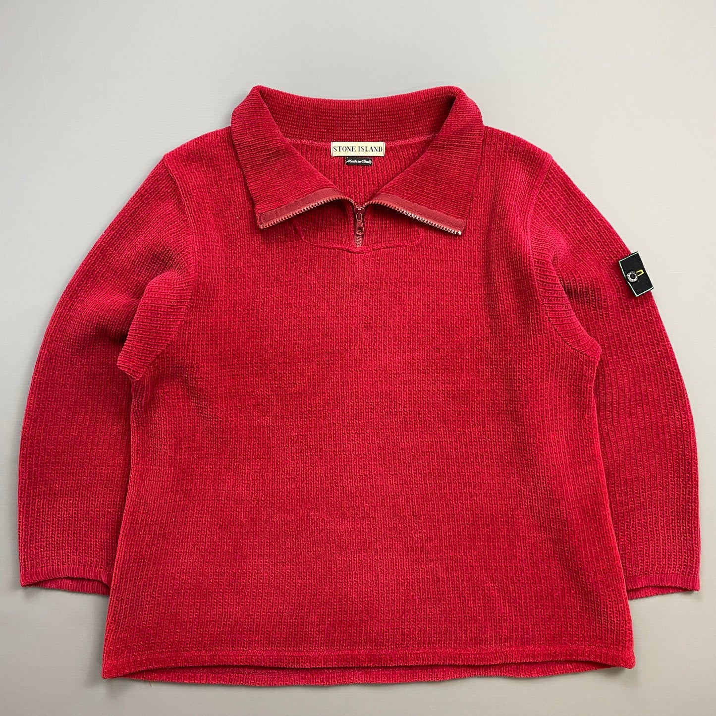 Stone Island Red 90s Chenille Knit Half-Zip Green Edge Badge Jumper