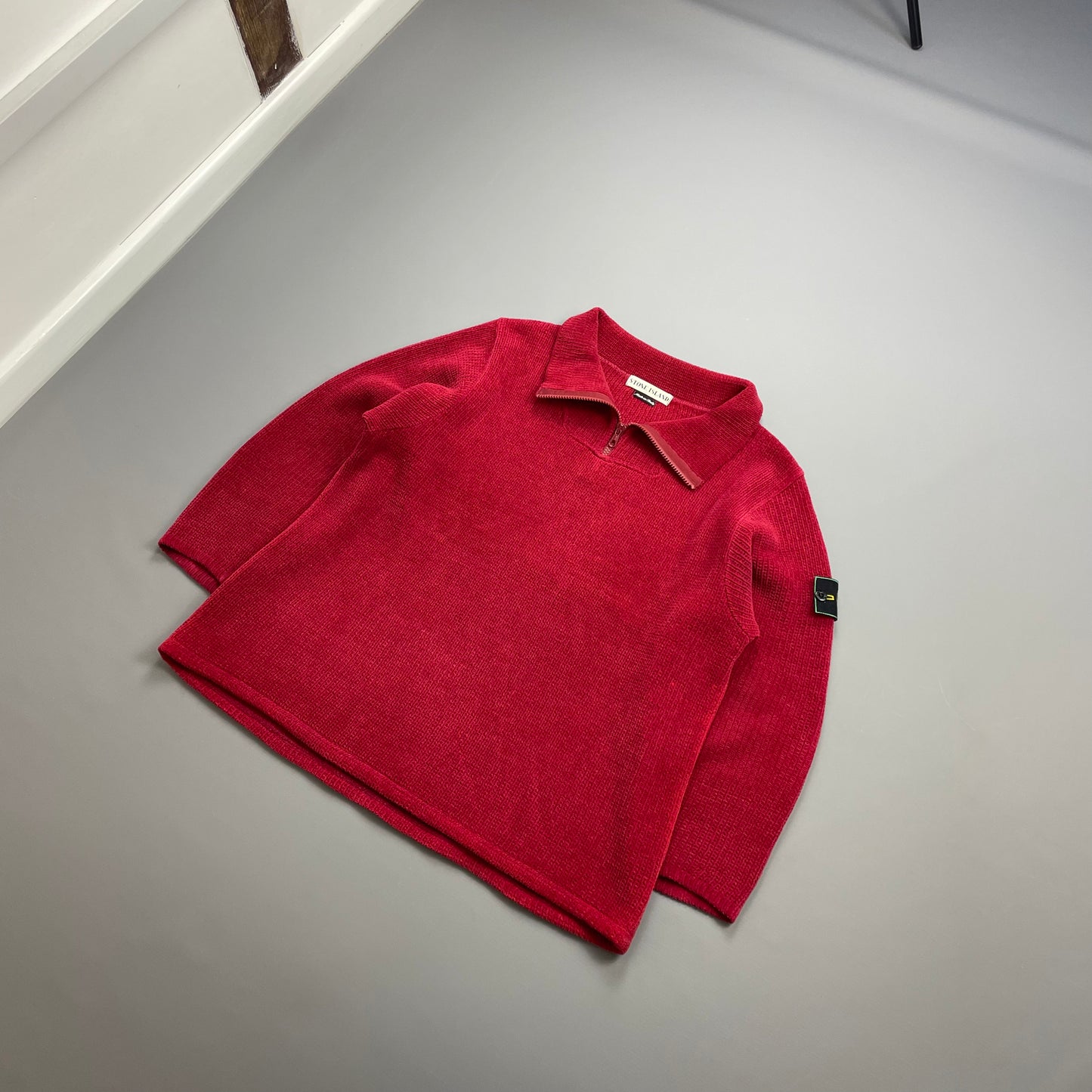 Stone Island Red 90s Chenille Knit Half-Zip Green Edge Badge Jumper