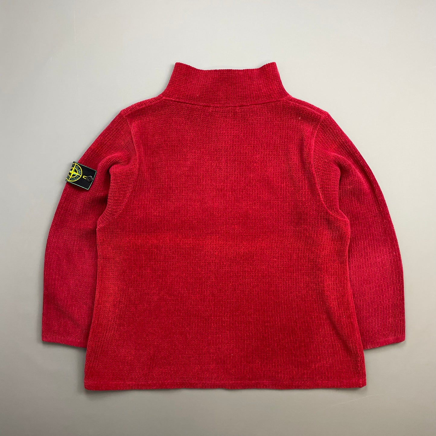 Stone Island Red 90s Chenille Knit Half-Zip Green Edge Badge Jumper