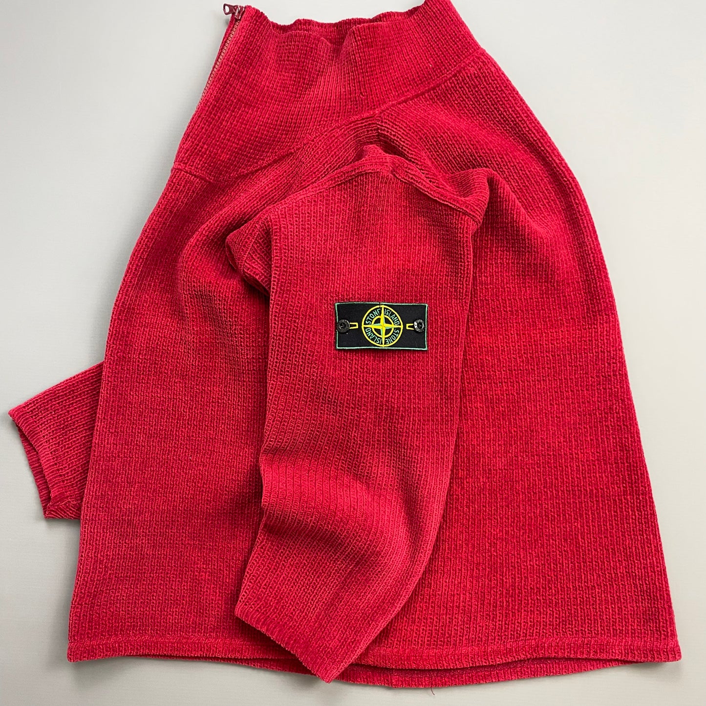 Stone Island Red 90s Chenille Knit Half-Zip Green Edge Badge Jumper