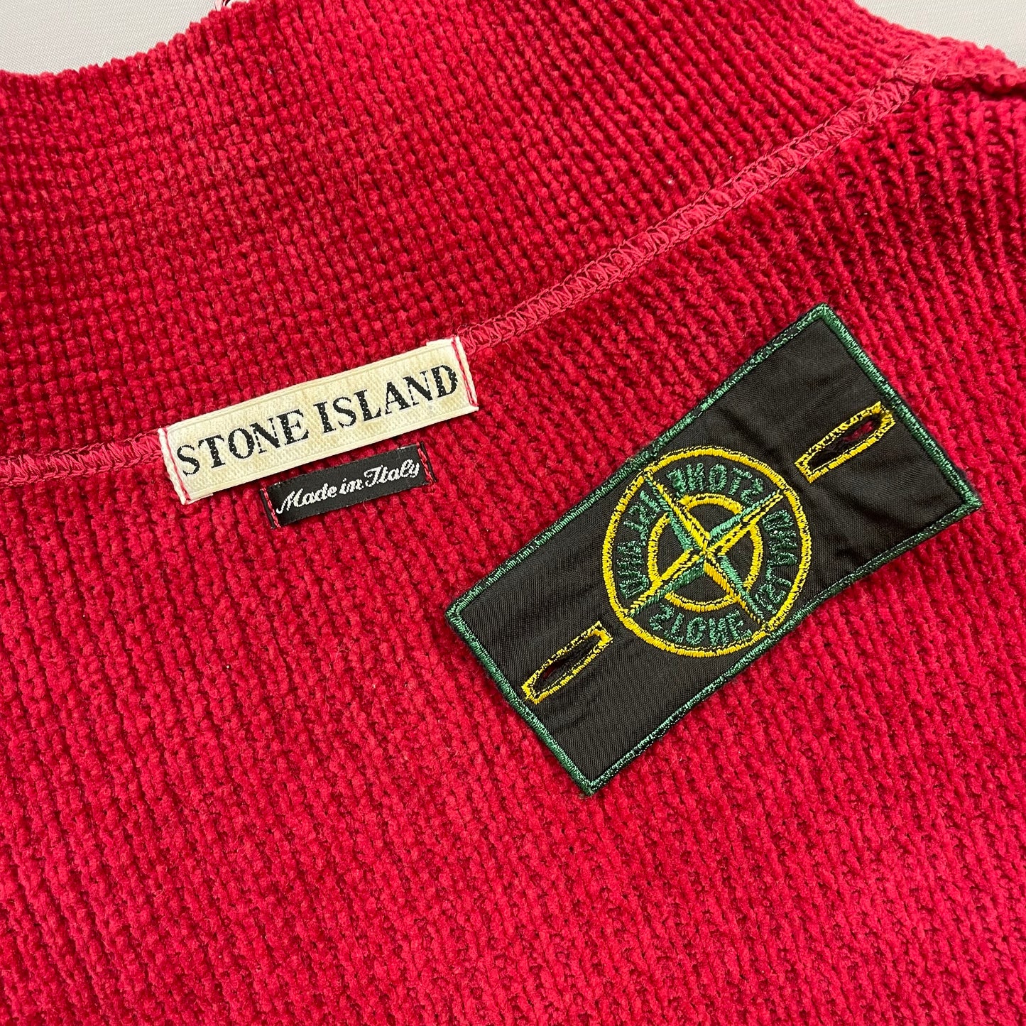 Stone Island Red 90s Chenille Knit Half-Zip Green Edge Badge Jumper