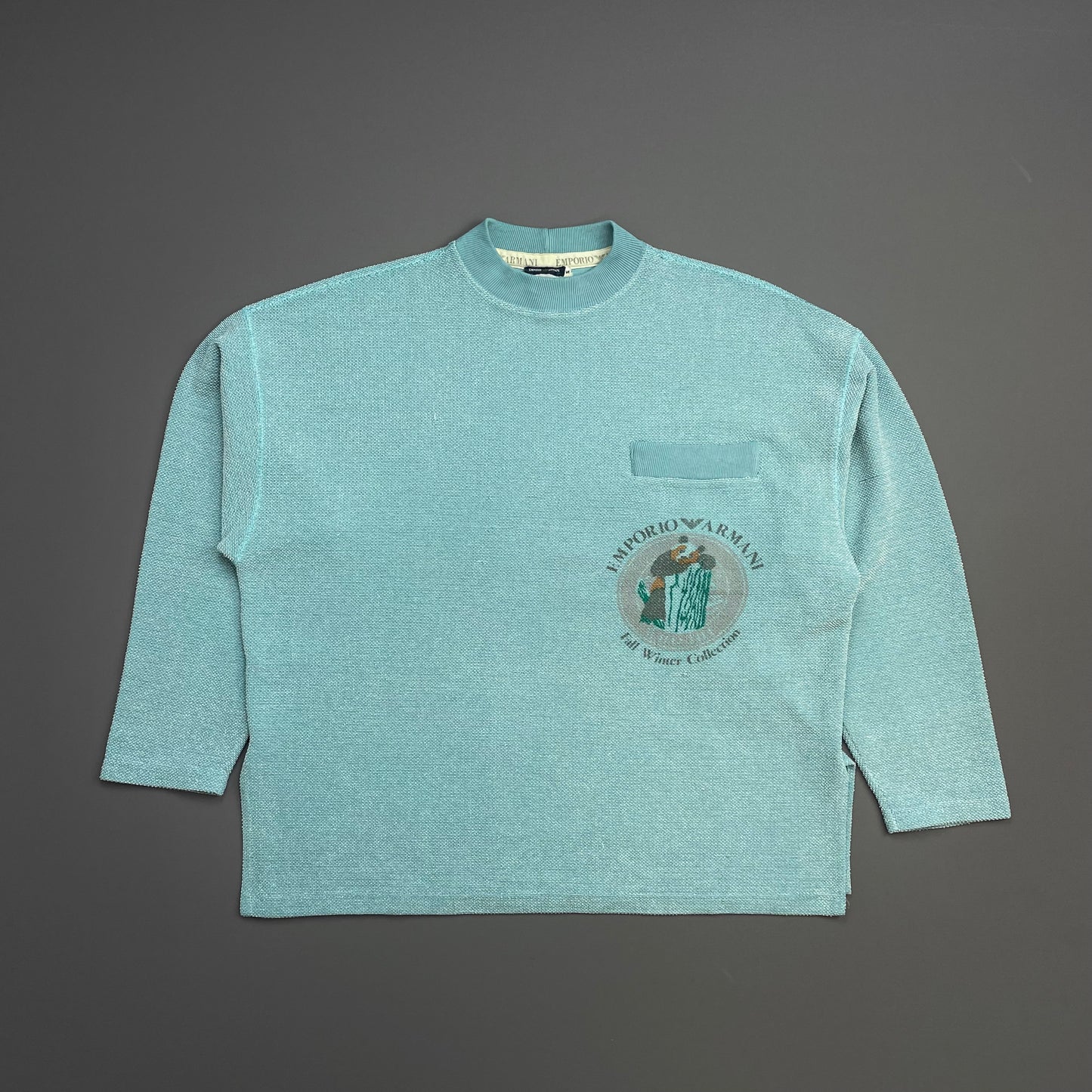 Emporio Armani Teal Blue 80s Graphic Print Lightweight Pocket Jumper