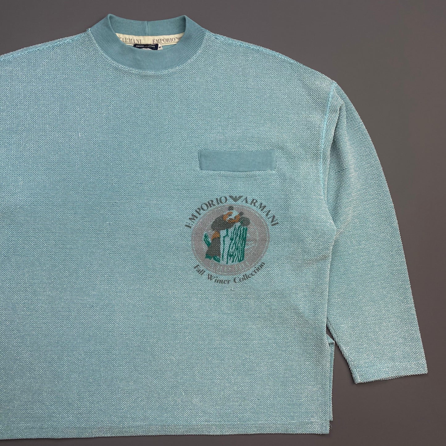 Emporio Armani Teal Blue 80s Graphic Print Lightweight Pocket Jumper