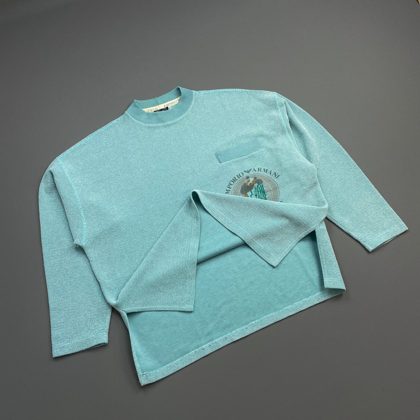 Emporio Armani Teal Blue 80s Graphic Print Lightweight Pocket Jumper