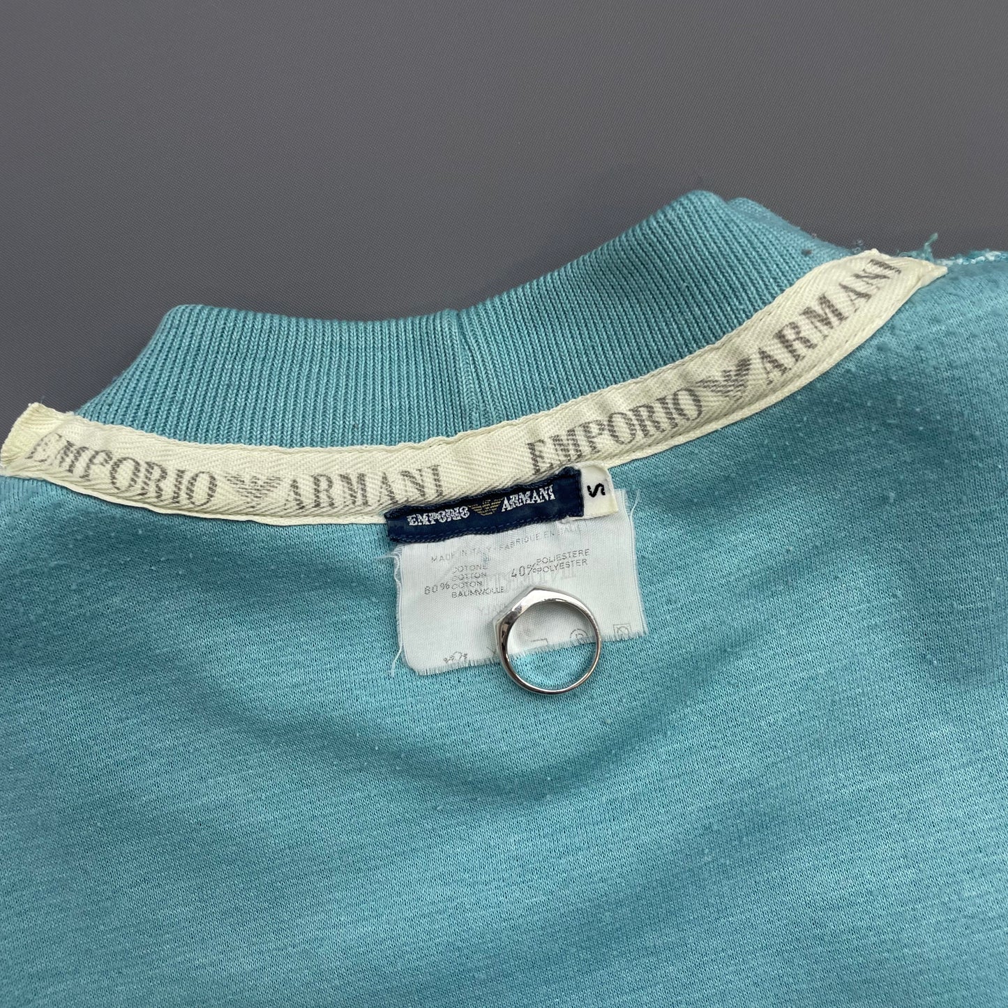 Emporio Armani Teal Blue 80s Graphic Print Lightweight Pocket Jumper