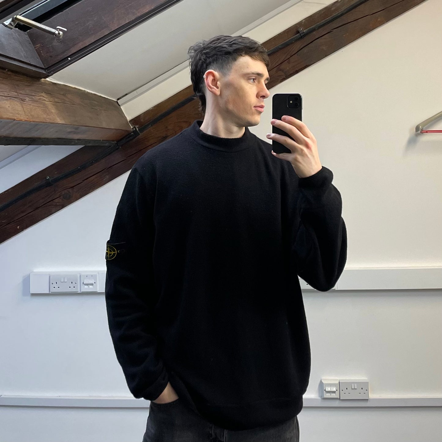 Stone Island Black AW02 Wool-Blend White-Stitch Jumper
