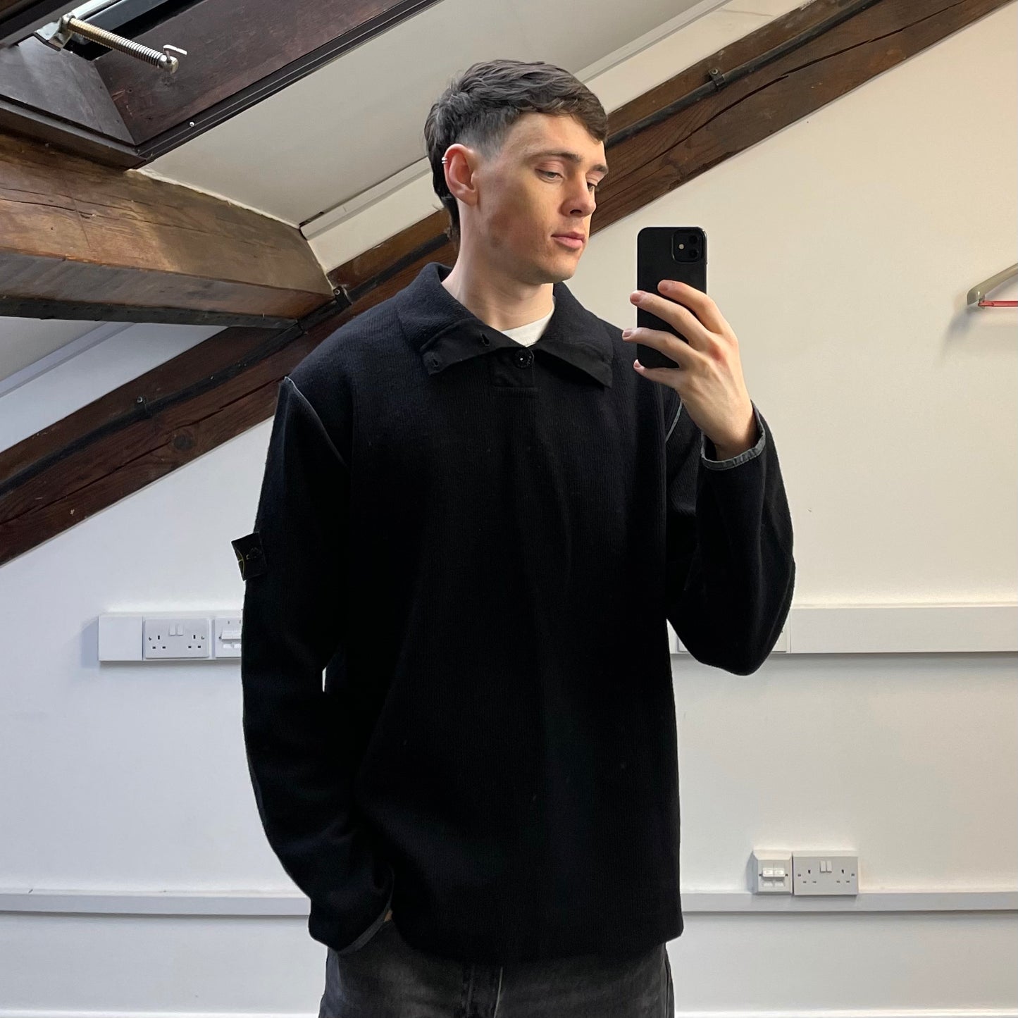 Stone Island Black AW02 Fine-Rib Grey Accent Button Collar Wool Knit Jumper