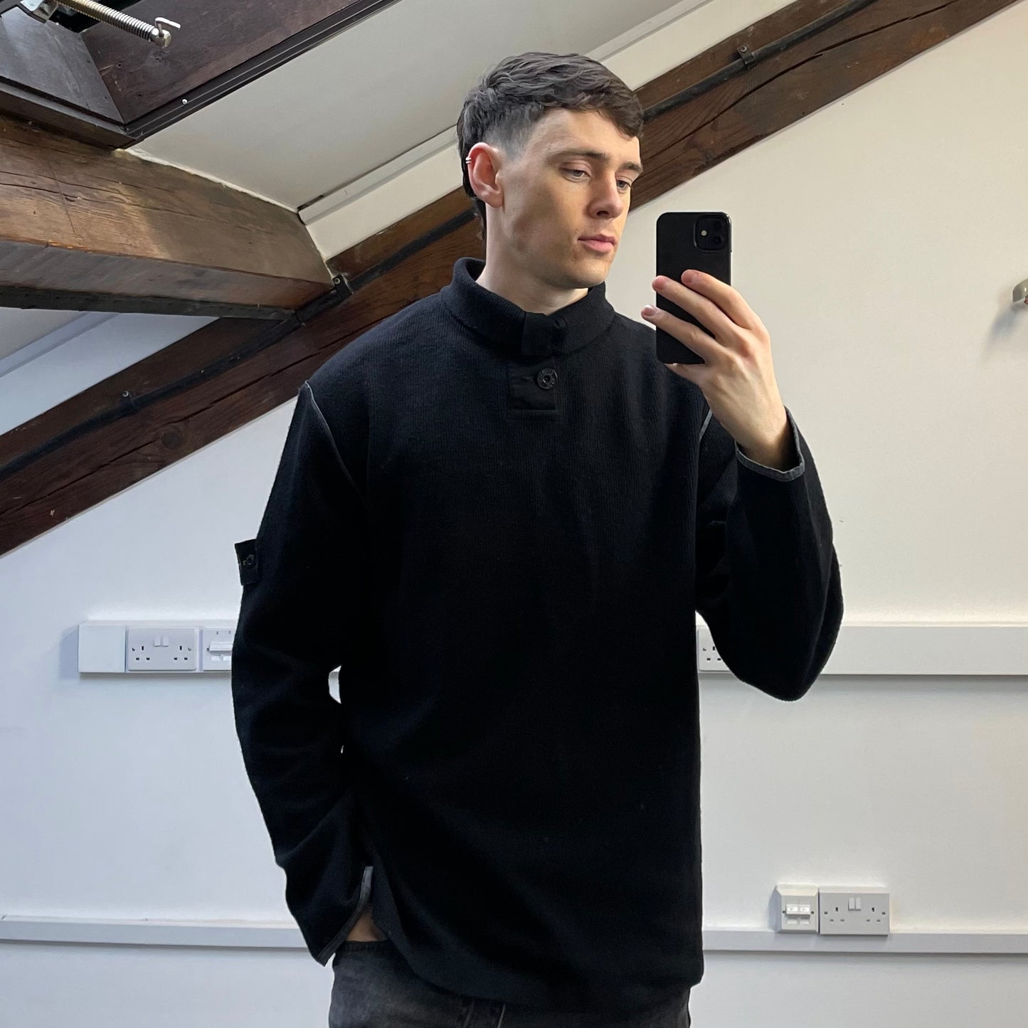 Stone Island Black AW02 Fine-Rib Grey Accent Button Collar Wool Knit Jumper