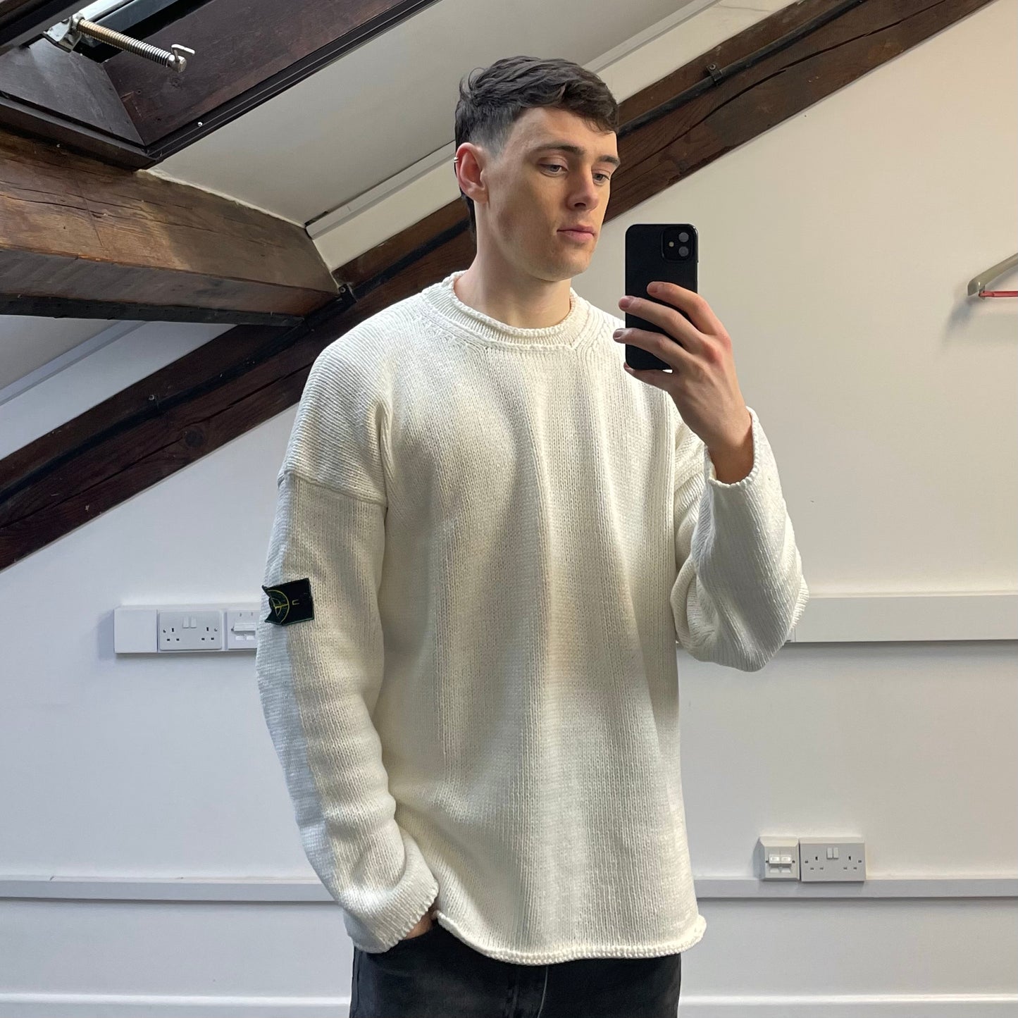 Stone Island Cream White SS95 Chunky Raw-Edge Heavyweight Green Edge Badge Knit Jumper