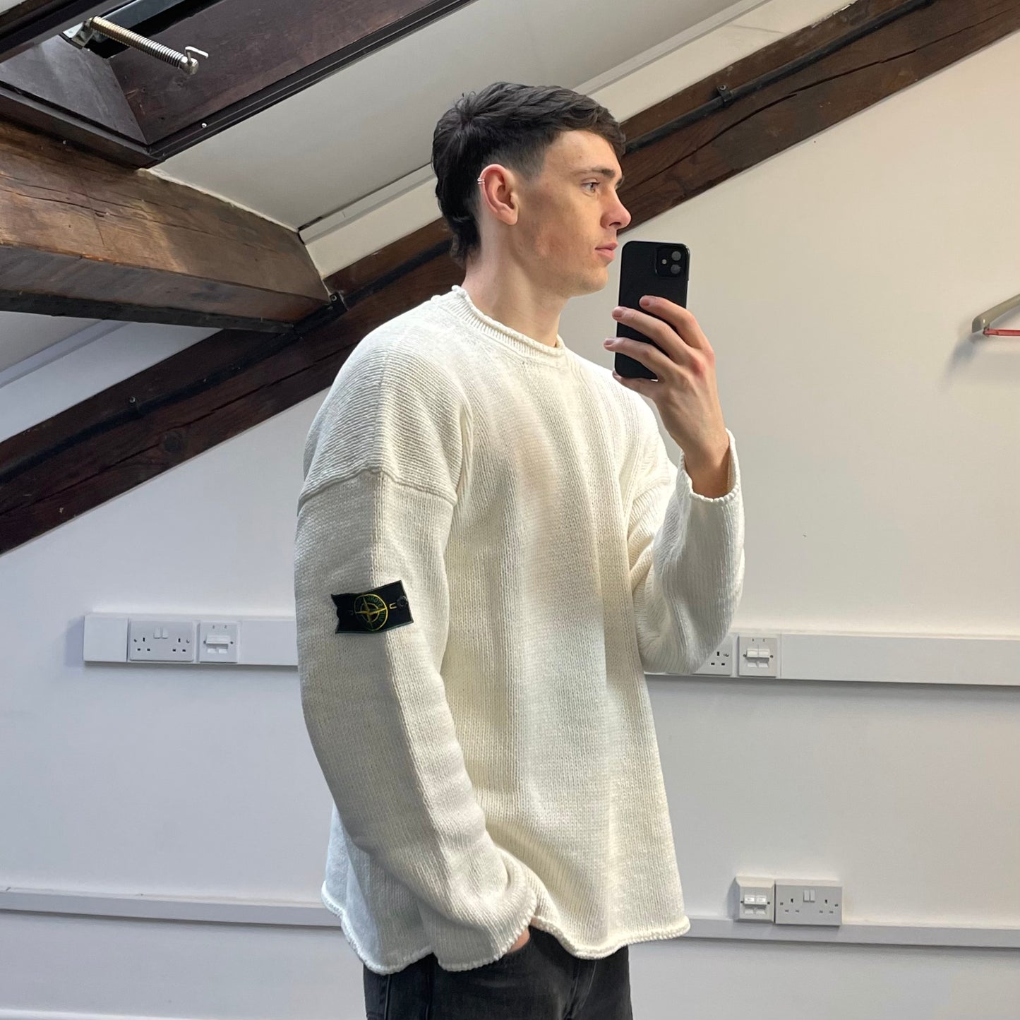 Stone Island Cream White SS95 Chunky Raw-Edge Heavyweight Green Edge Badge Knit Jumper