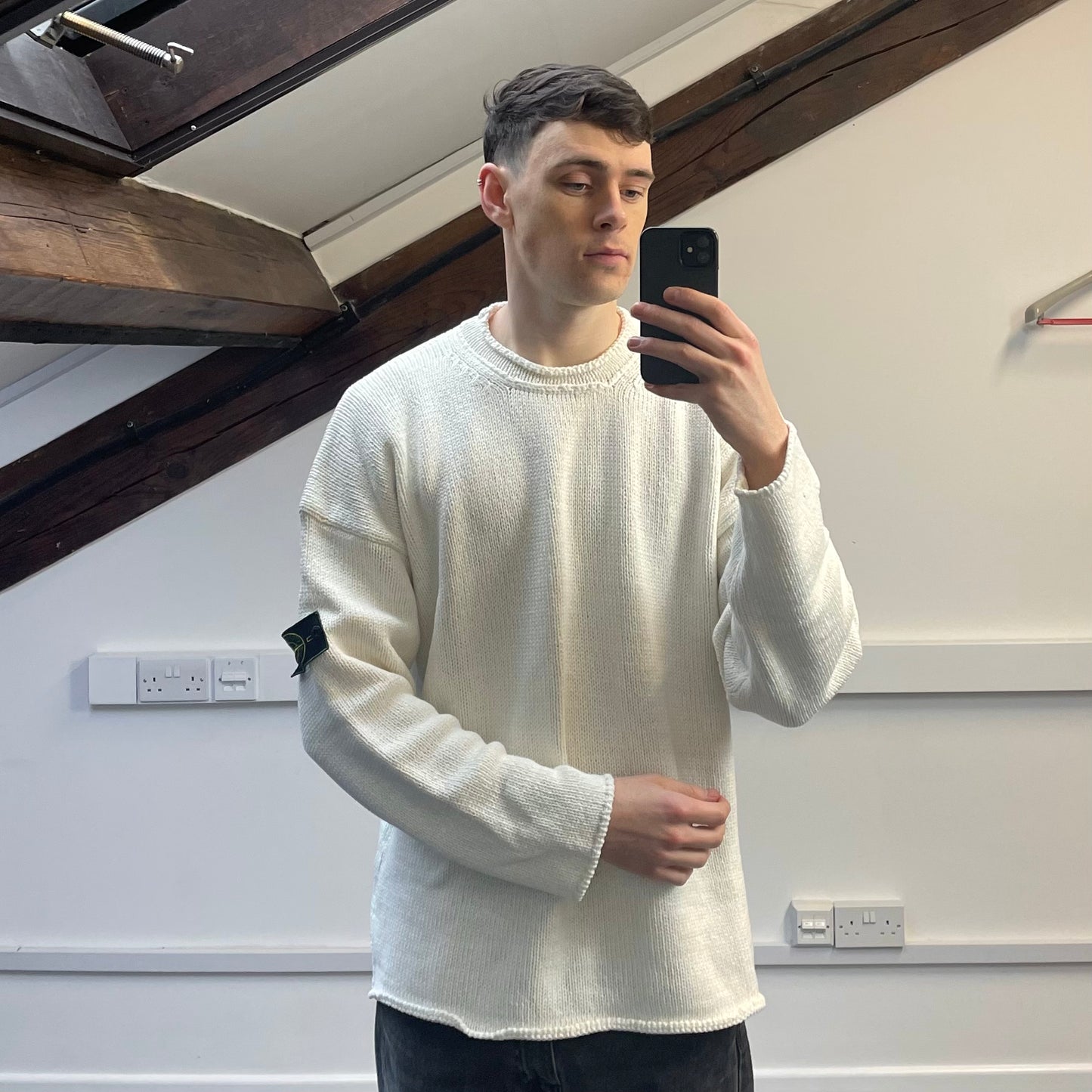 Stone Island Cream White SS95 Chunky Raw-Edge Heavyweight Green Edge Badge Knit Jumper