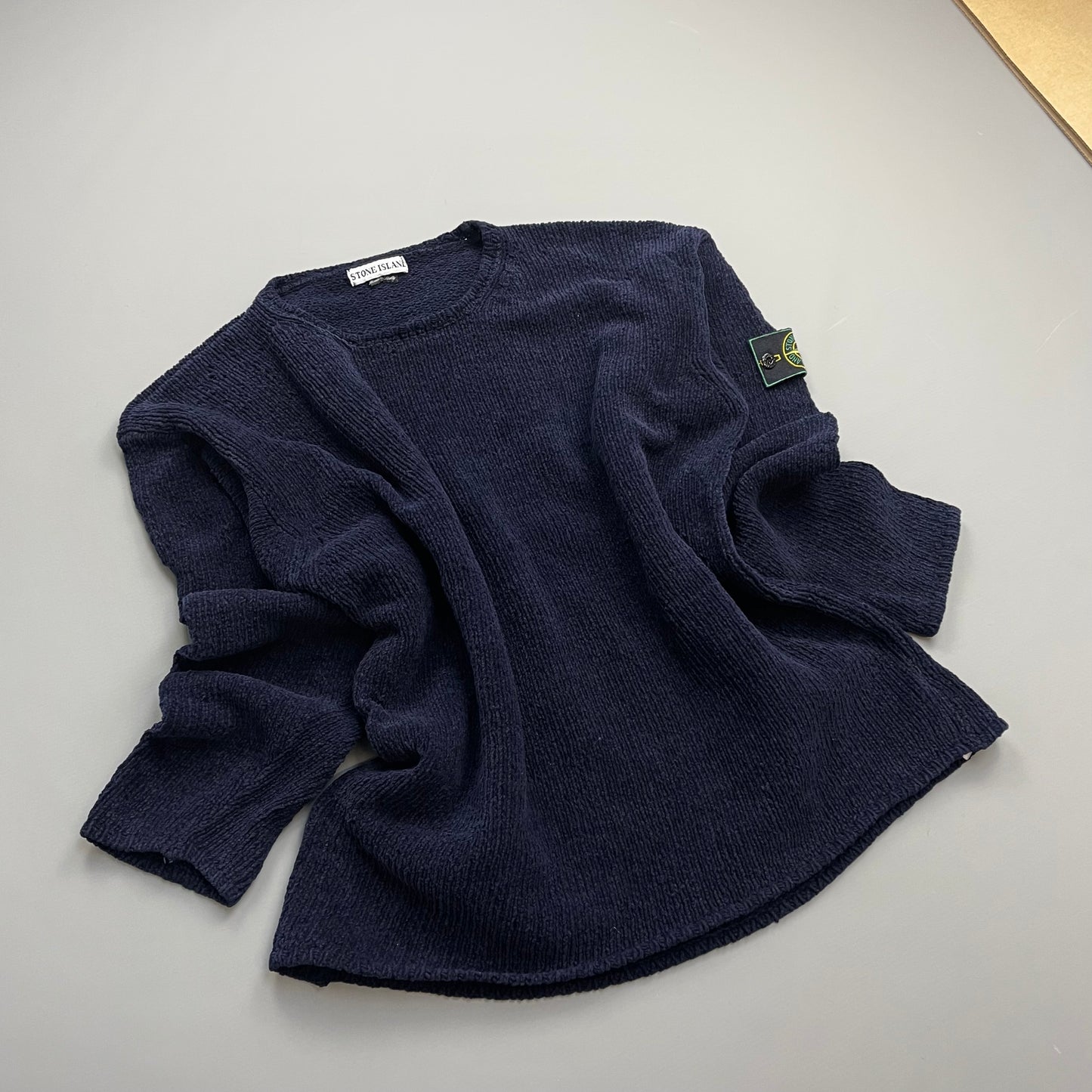 Stone Island Navy SS97 Chenille Knit Green Edge Badge Crewneck Jumper