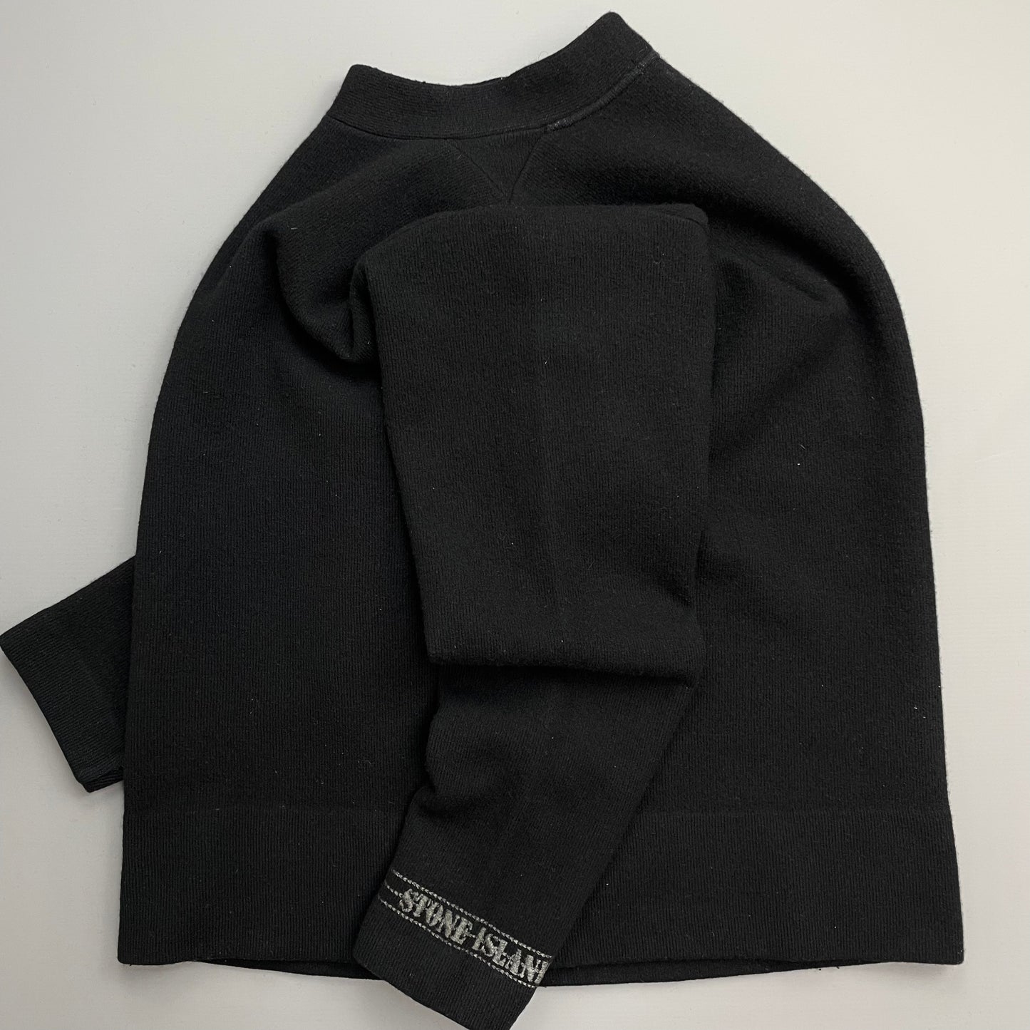 Stone Island Black AW97 Wool Blend Cuff Spellout Knit Jumper