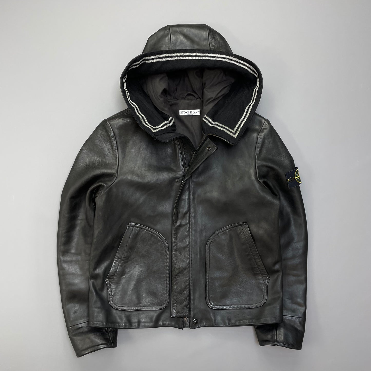 Stone Island AW07 Hooded Black Leather Jacket