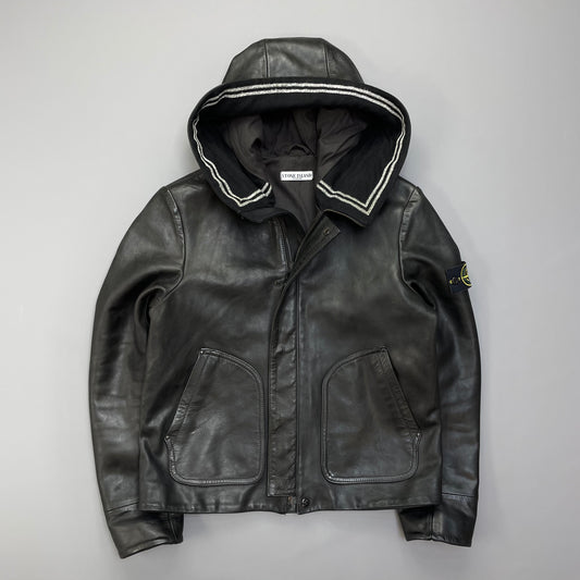 Stone Island AW07 Hooded Black Leather Jacket