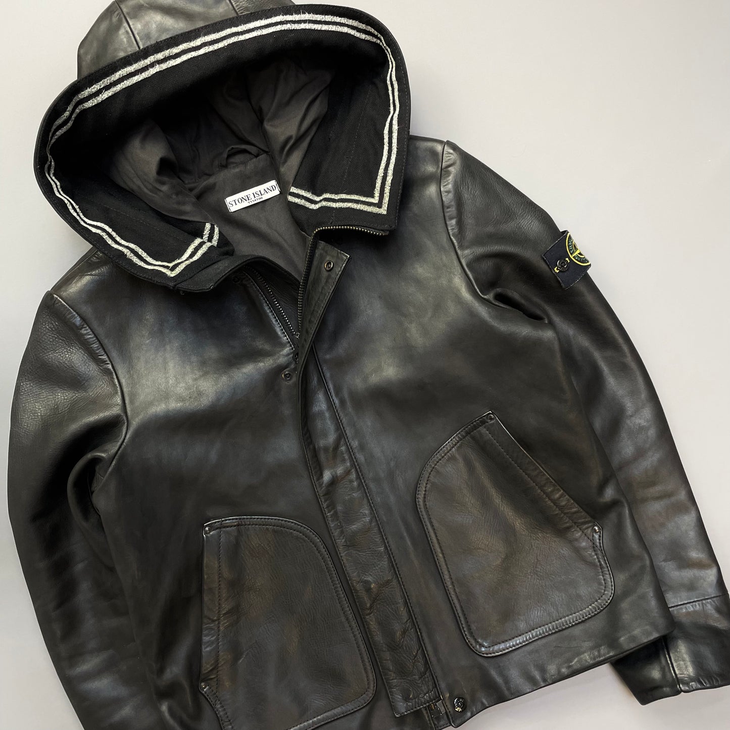 Stone Island AW07 Hooded Black Leather Jacket