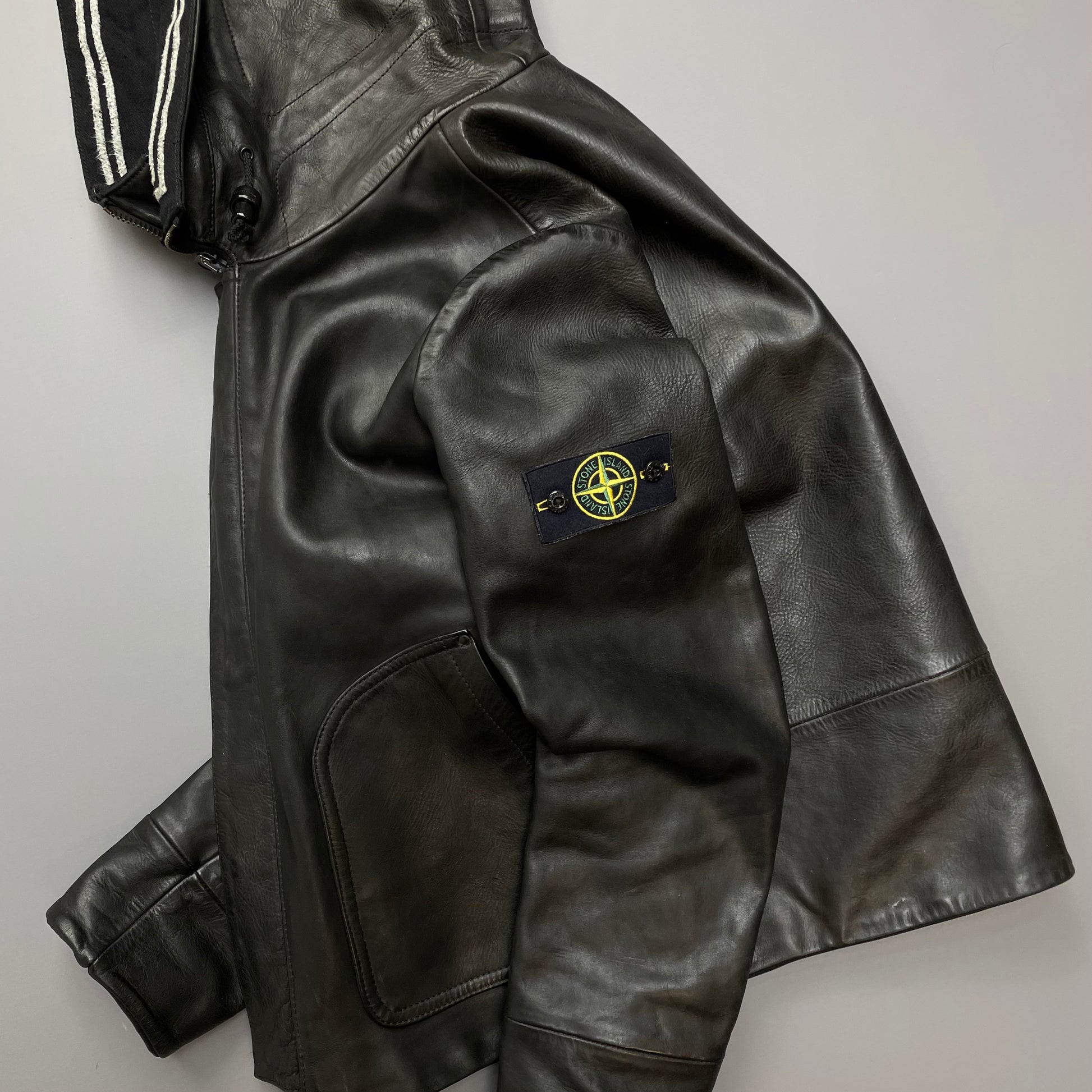 Stone Island AW07 Hooded Black Leather Jacket