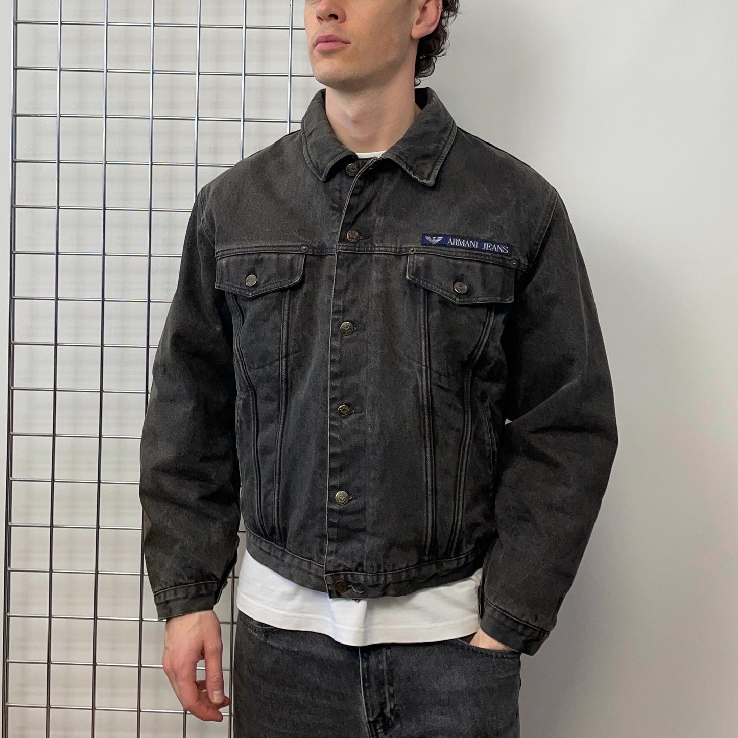Armani Jeans Black 90s Denim Padded Trucker Jacket